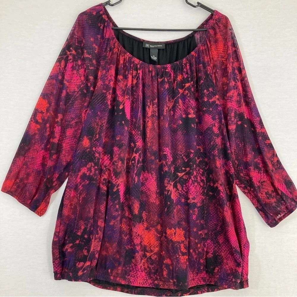 INC‎ International Concepts Pink Purple Abstract Print Round Neck Blouse 1X - Picture 2 of 9